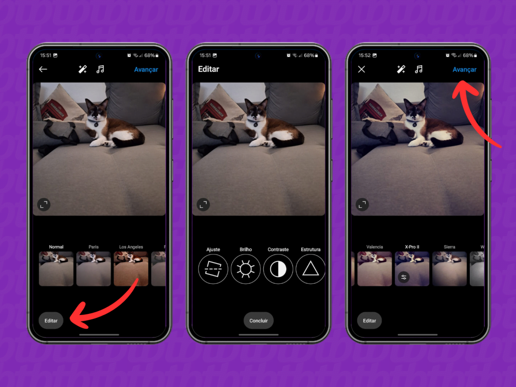 Screenshots of the Instagram application show how to edit a photo to publish in Feed
