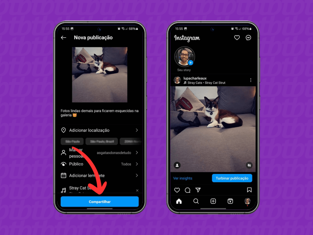 Screenshots of the Instagram application show how to share a post in the Feed