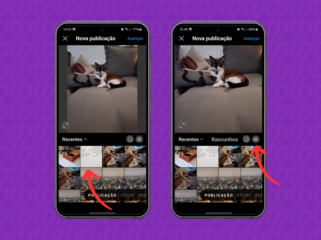 Screenshots of the Instagram application show how to select a photo or video to publish in the Feed