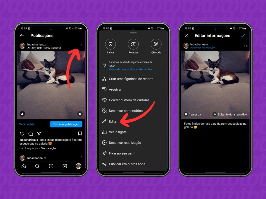Screenshots of the Instagram application show how to edit posts published on the social network