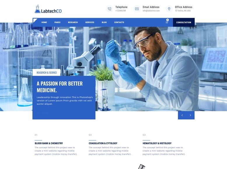 LabtechCO - Plantilla WordPress para laboratorios y centros de investigación